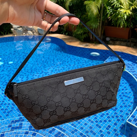Gucci Handbags - GUCCI Black GG Logo Baguette Pochette Purse